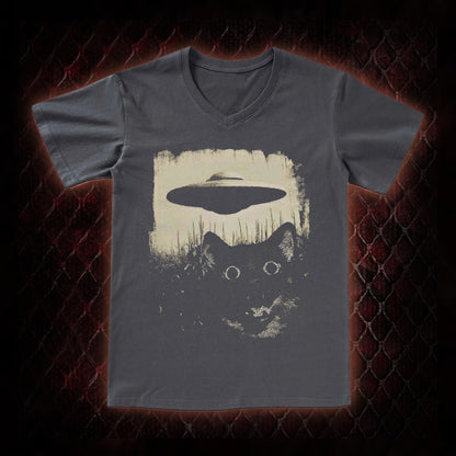 Cryptid Black Cat & UFO Retro Horror Graphic V-Neck T-Shirt - Weird Fiction Aesthetic Statement Piece