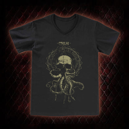 Cthulhu Mythos Skull-Tentacle Occult Graphic V-Neck T-Shirt - Lovecraftian Cosmic Horror Tribute Piece