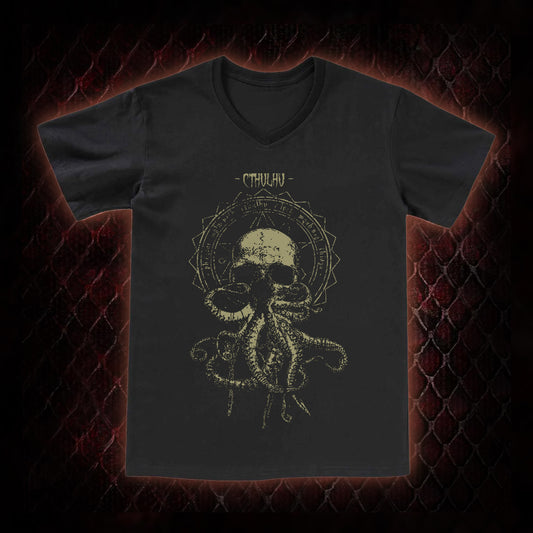 Cthulhu Mythos Skull-Tentacle Occult Graphic V-Neck T-Shirt - Lovecraftian Cosmic Horror Tribute Piece