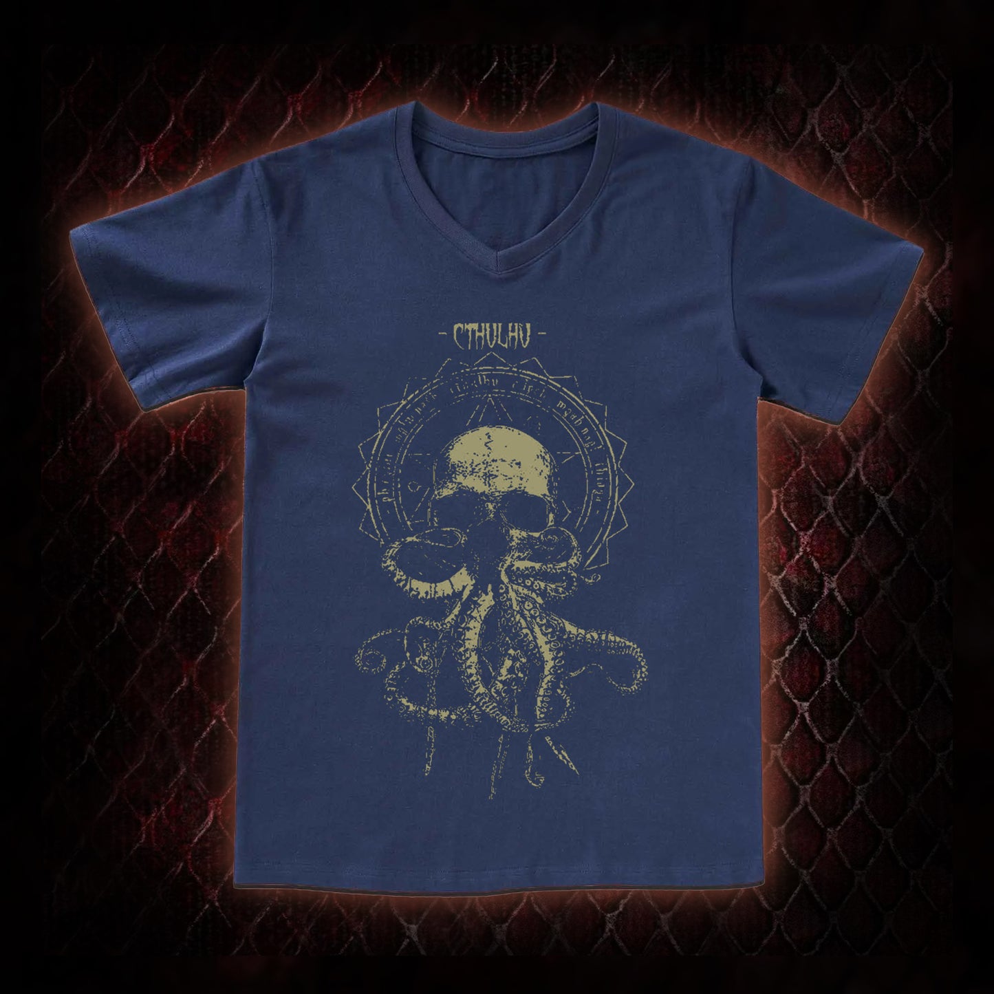 Cthulhu Mythos Skull-Tentacle Occult Graphic V-Neck T-Shirt - Lovecraftian Cosmic Horror Tribute Piece