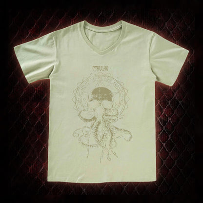 Cthulhu Mythos Skull-Tentacle Occult Graphic V-Neck T-Shirt - Lovecraftian Cosmic Horror Tribute Piece