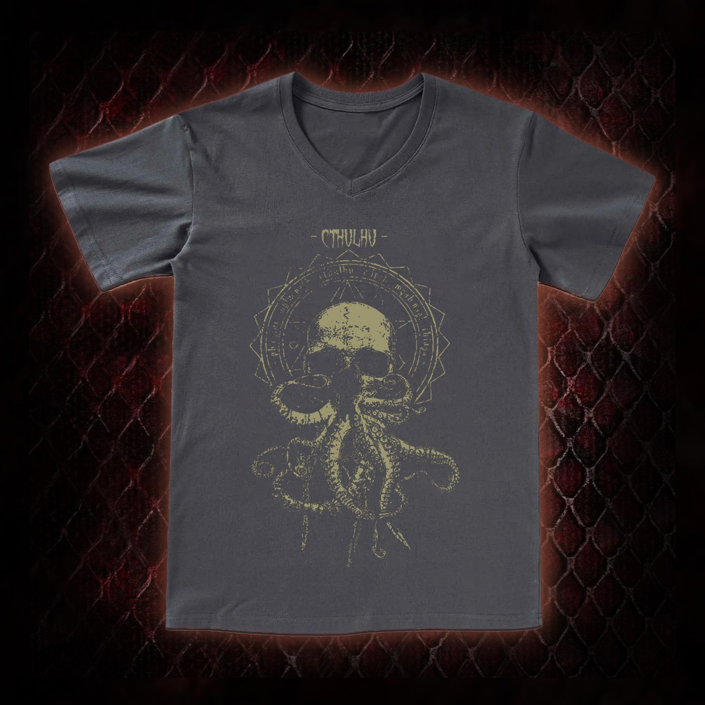 Cthulhu Mythos Skull-Tentacle Occult Graphic V-Neck T-Shirt - Lovecraftian Cosmic Horror Tribute Piece