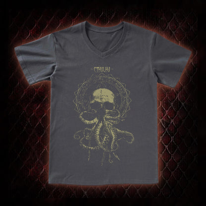 Cthulhu Mythos Skull-Tentacle Occult Graphic V-Neck T-Shirt - Lovecraftian Cosmic Horror Tribute Piece
