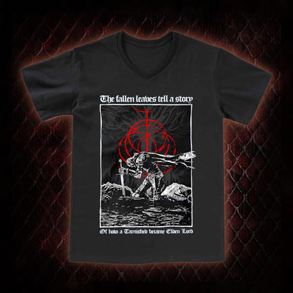 Elden Ring 'The Fallen Leaves Tell a Story' Tarnished to Elden Lord Graphic V-Neck T-Shirt - FromSoftware RPG Tribute Piece