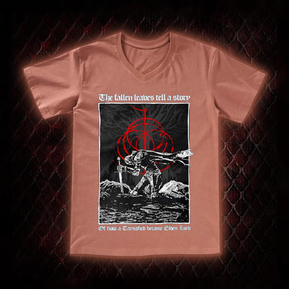 Elden Ring 'The Fallen Leaves Tell a Story' Tarnished to Elden Lord Graphic V-Neck T-Shirt - FromSoftware RPG Tribute Piece