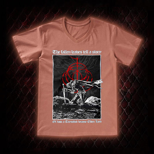 Elden Ring 'The Fallen Leaves Tell a Story' Tarnished to Elden Lord Graphic V-Neck T-Shirt - FromSoftware RPG Tribute Piece