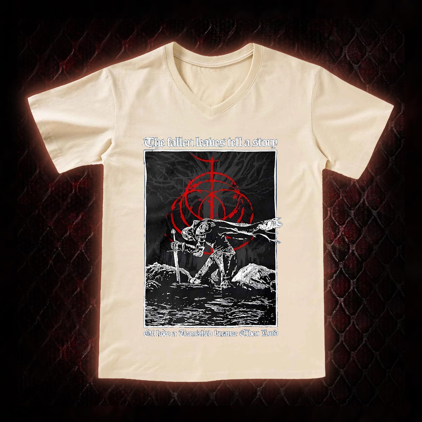 Elden Ring 'The Fallen Leaves Tell a Story' Tarnished to Elden Lord Graphic V-Neck T-Shirt - FromSoftware RPG Tribute Piece