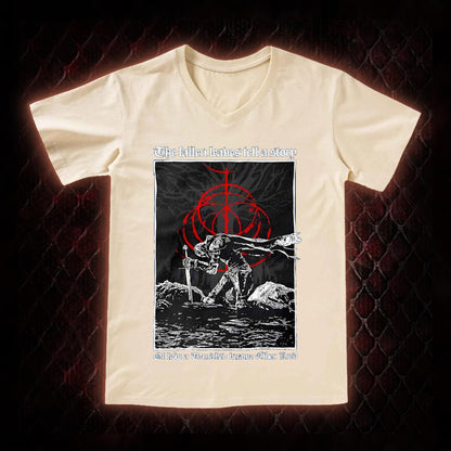 Elden Ring 'The Fallen Leaves Tell a Story' Tarnished to Elden Lord Graphic V-Neck T-Shirt - FromSoftware RPG Tribute Piece