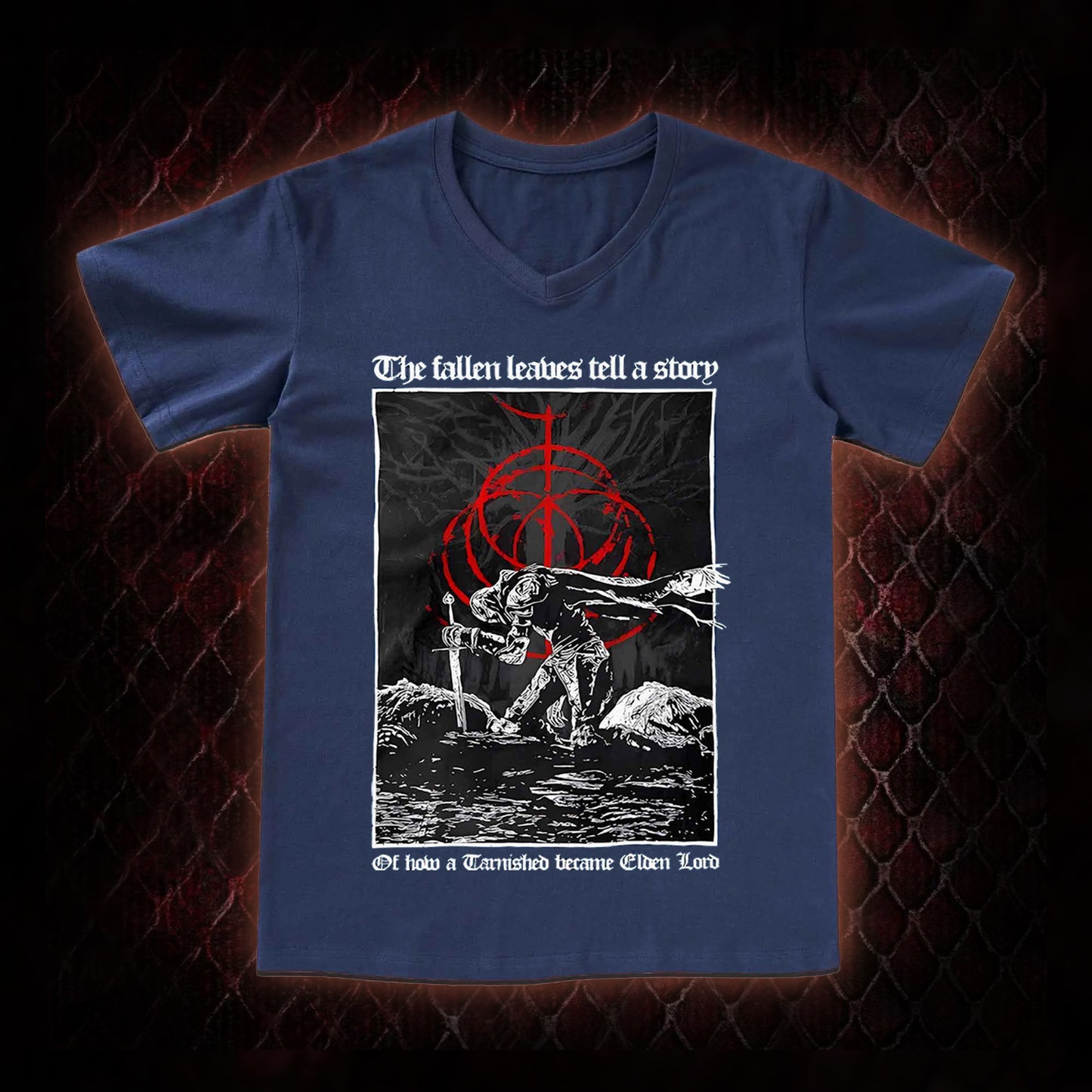 Elden Ring 'The Fallen Leaves Tell a Story' Tarnished to Elden Lord Graphic V-Neck T-Shirt - FromSoftware RPG Tribute Piece