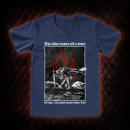 Elden Ring 'The Fallen Leaves Tell a Story' Tarnished to Elden Lord Graphic V-Neck T-Shirt - FromSoftware RPG Tribute Piece