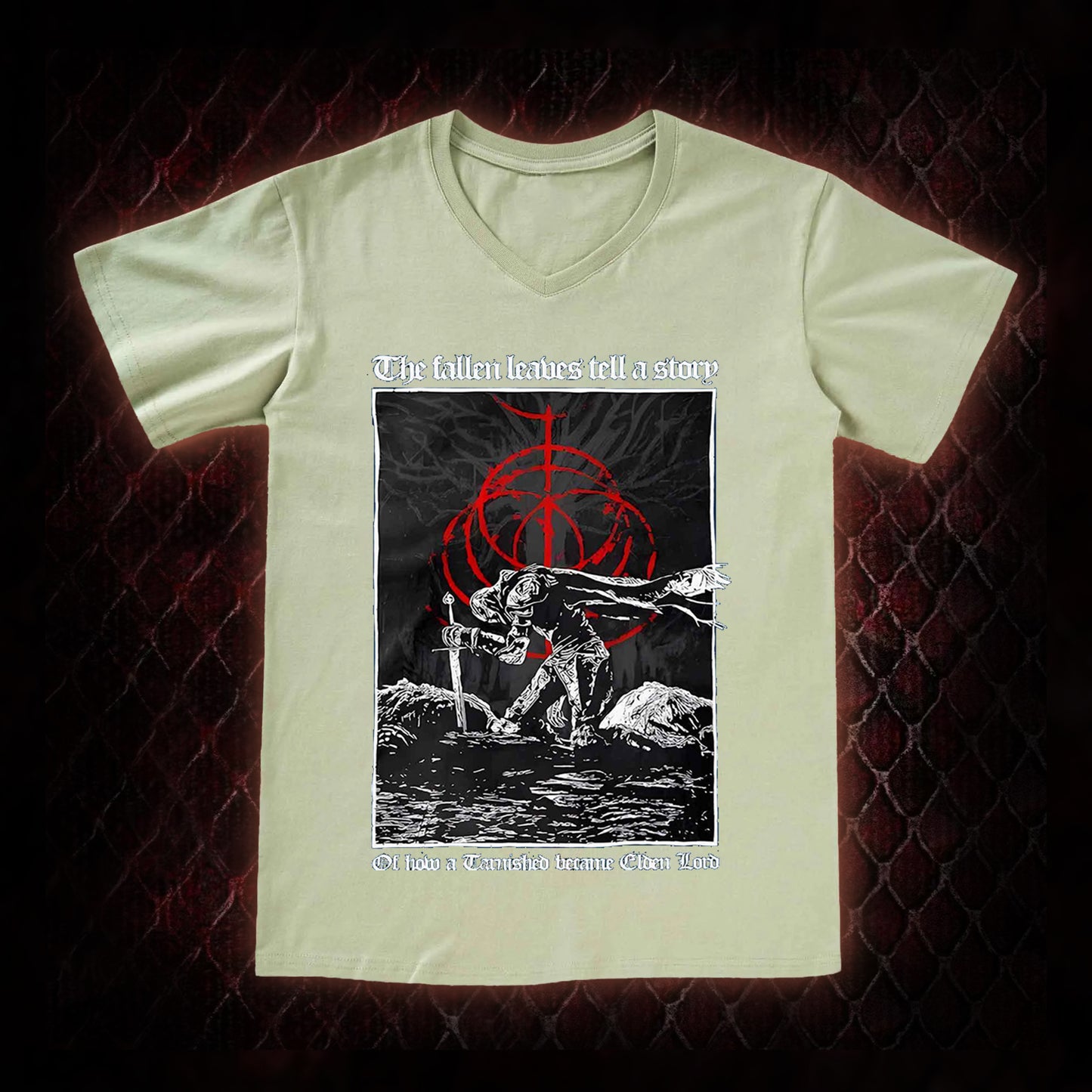 Elden Ring 'The Fallen Leaves Tell a Story' Tarnished to Elden Lord Graphic V-Neck T-Shirt - FromSoftware RPG Tribute Piece