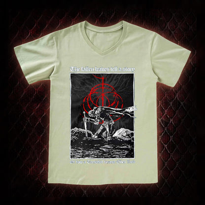 Elden Ring 'The Fallen Leaves Tell a Story' Tarnished to Elden Lord Graphic V-Neck T-Shirt - FromSoftware RPG Tribute Piece