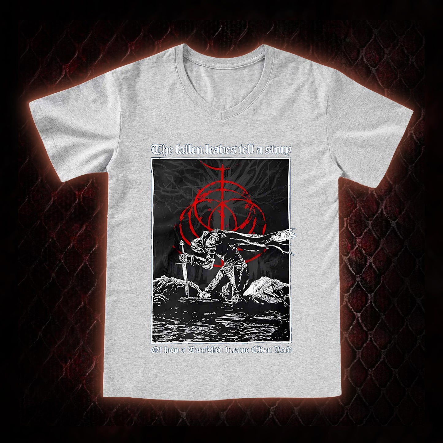 Elden Ring 'The Fallen Leaves Tell a Story' Tarnished to Elden Lord Graphic V-Neck T-Shirt - FromSoftware RPG Tribute Piece