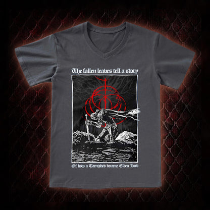 Elden Ring 'The Fallen Leaves Tell a Story' Tarnished to Elden Lord Graphic V-Neck T-Shirt - FromSoftware RPG Tribute Piece