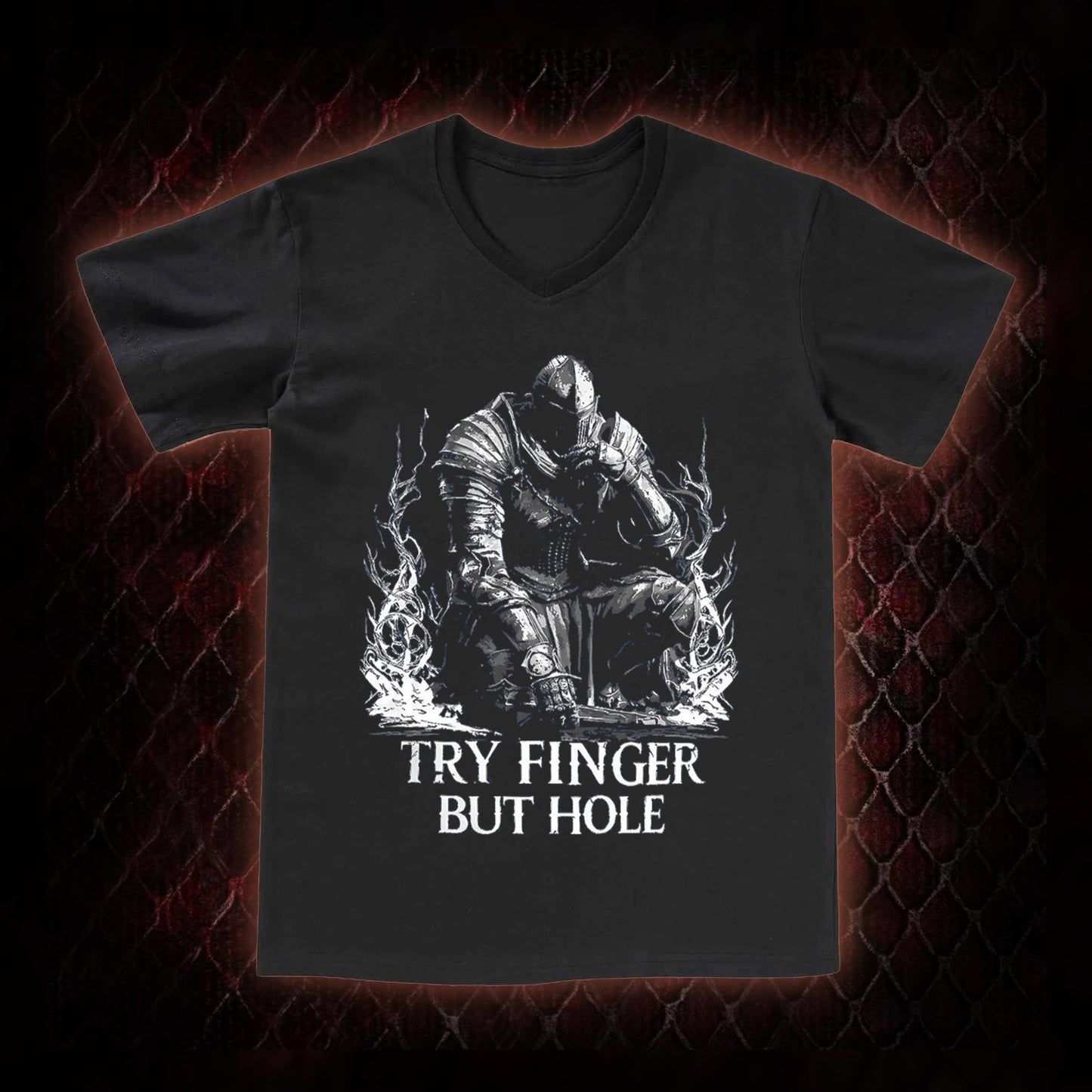 Elden Ring 'Try Finger But Hole' Fia Meme Graphic V-Neck T-Shirt - FromSoftware RPG Fan Humor Piece