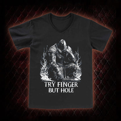 Elden Ring 'Try Finger But Hole' Fia Meme Graphic V-Neck T-Shirt - FromSoftware RPG Fan Humor Piece