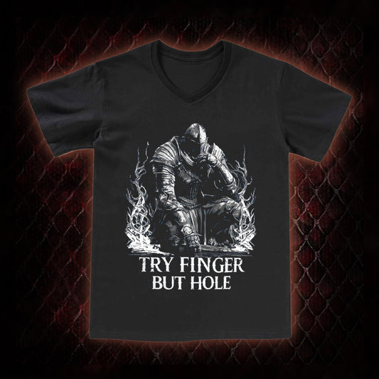 Elden Ring 'Try Finger But Hole' Fia Meme Graphic V-Neck T-Shirt - FromSoftware RPG Fan Humor Piece