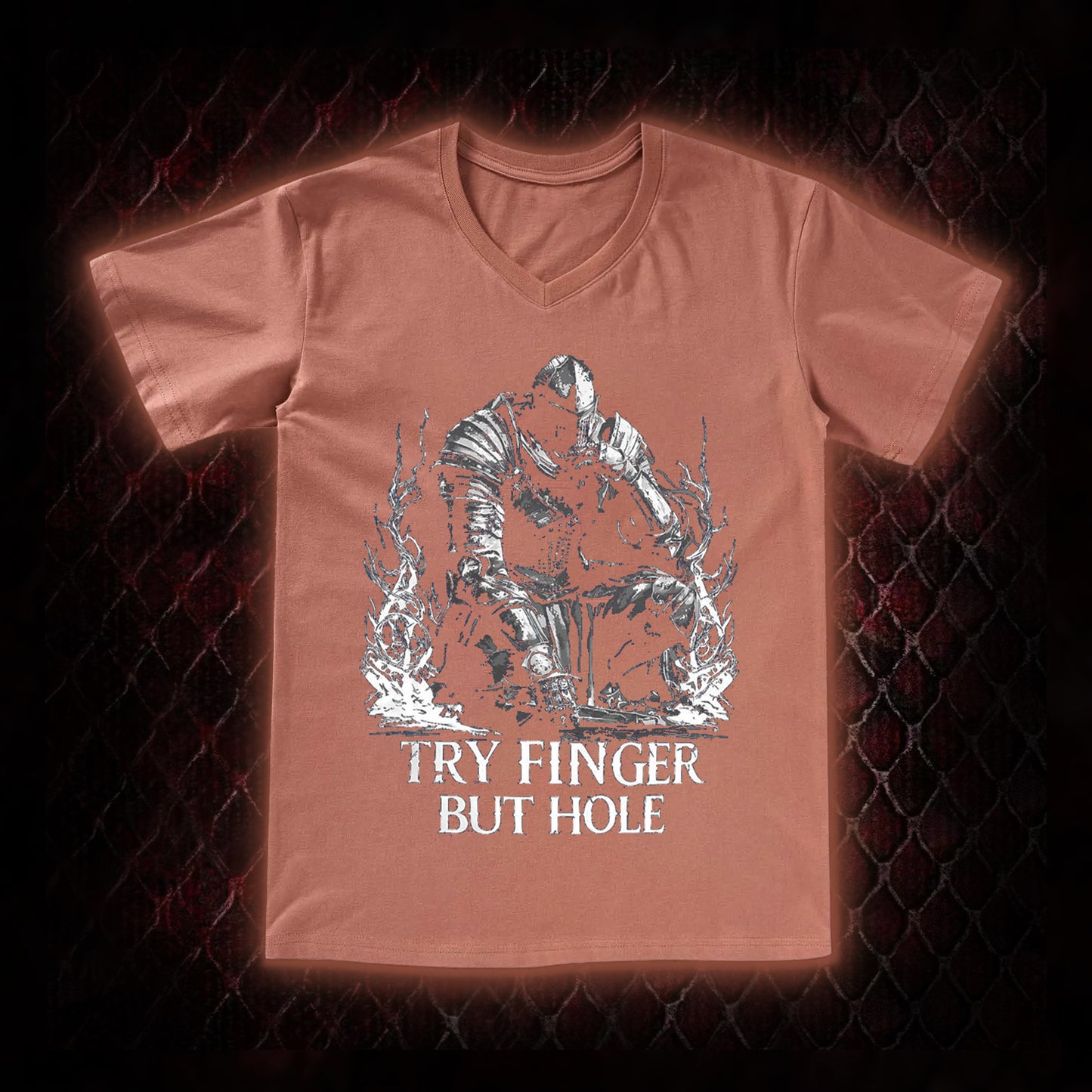 Elden Ring 'Try Finger But Hole' Fia Meme Graphic V-Neck T-Shirt - FromSoftware RPG Fan Humor Piece