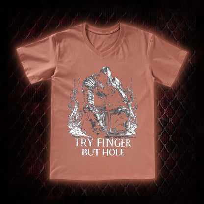 Elden Ring 'Try Finger But Hole' Fia Meme Graphic V-Neck T-Shirt - FromSoftware RPG Fan Humor Piece