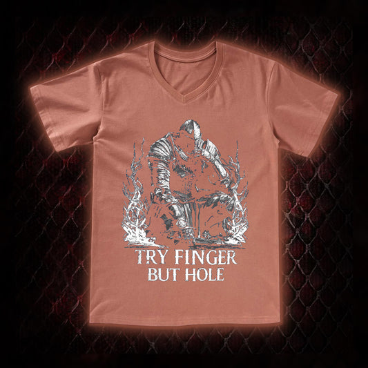Elden Ring 'Try Finger But Hole' Fia Meme Graphic V-Neck T-Shirt - FromSoftware RPG Fan Humor Piece