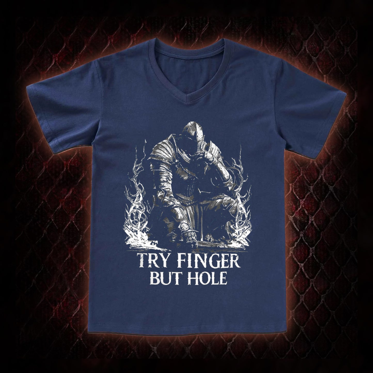 Elden Ring 'Try Finger But Hole' Fia Meme Graphic V-Neck T-Shirt - FromSoftware RPG Fan Humor Piece