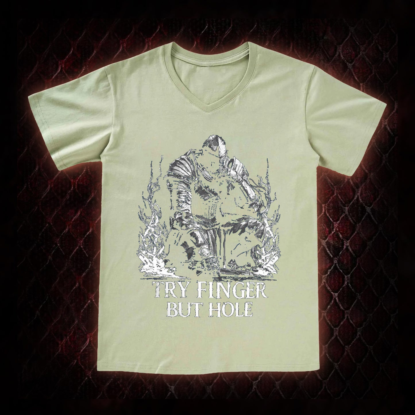 Elden Ring 'Try Finger But Hole' Fia Meme Graphic V-Neck T-Shirt - FromSoftware RPG Fan Humor Piece