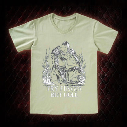 Elden Ring 'Try Finger But Hole' Fia Meme Graphic V-Neck T-Shirt - FromSoftware RPG Fan Humor Piece
