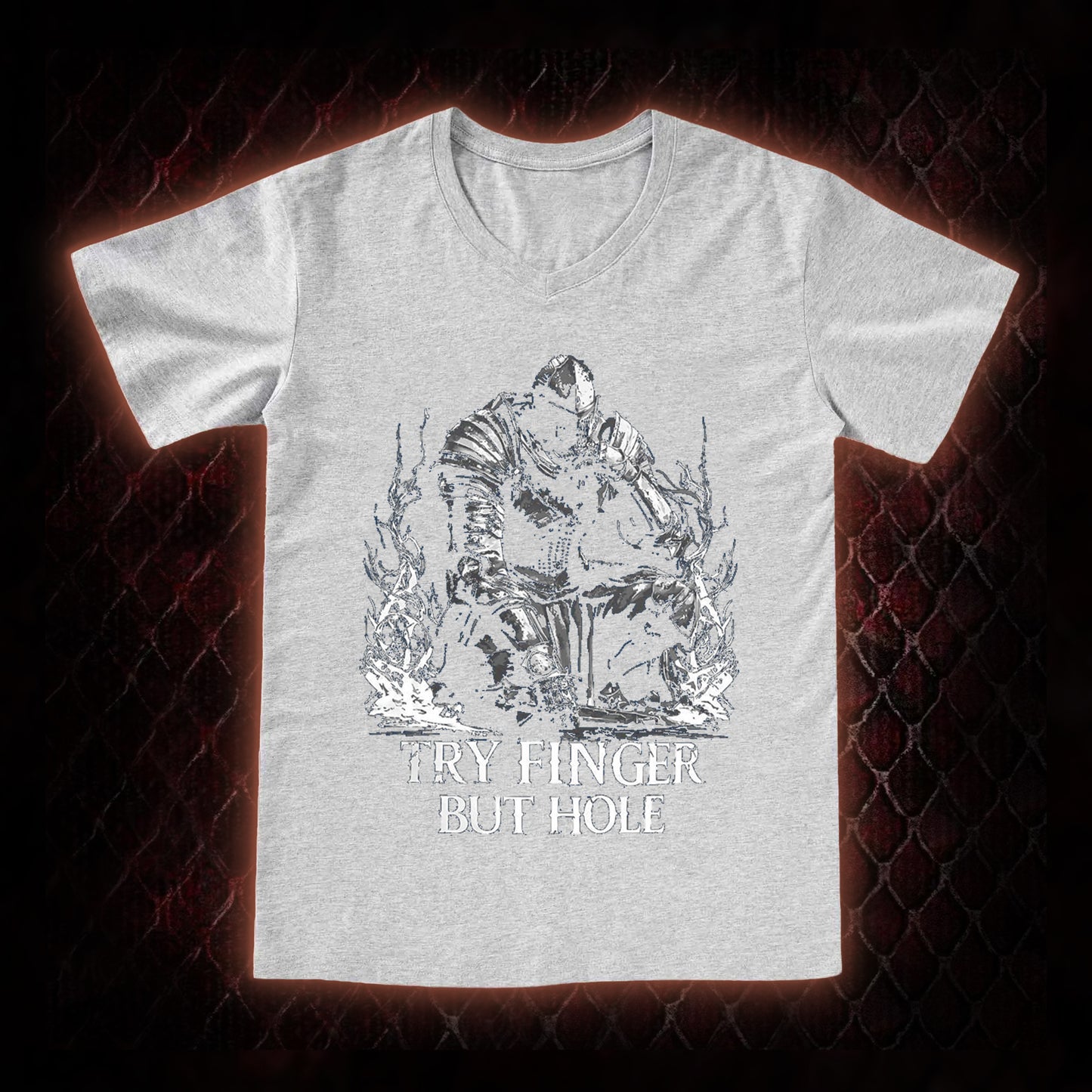 Elden Ring 'Try Finger But Hole' Fia Meme Graphic V-Neck T-Shirt - FromSoftware RPG Fan Humor Piece