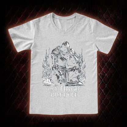 Elden Ring 'Try Finger But Hole' Fia Meme Graphic V-Neck T-Shirt - FromSoftware RPG Fan Humor Piece