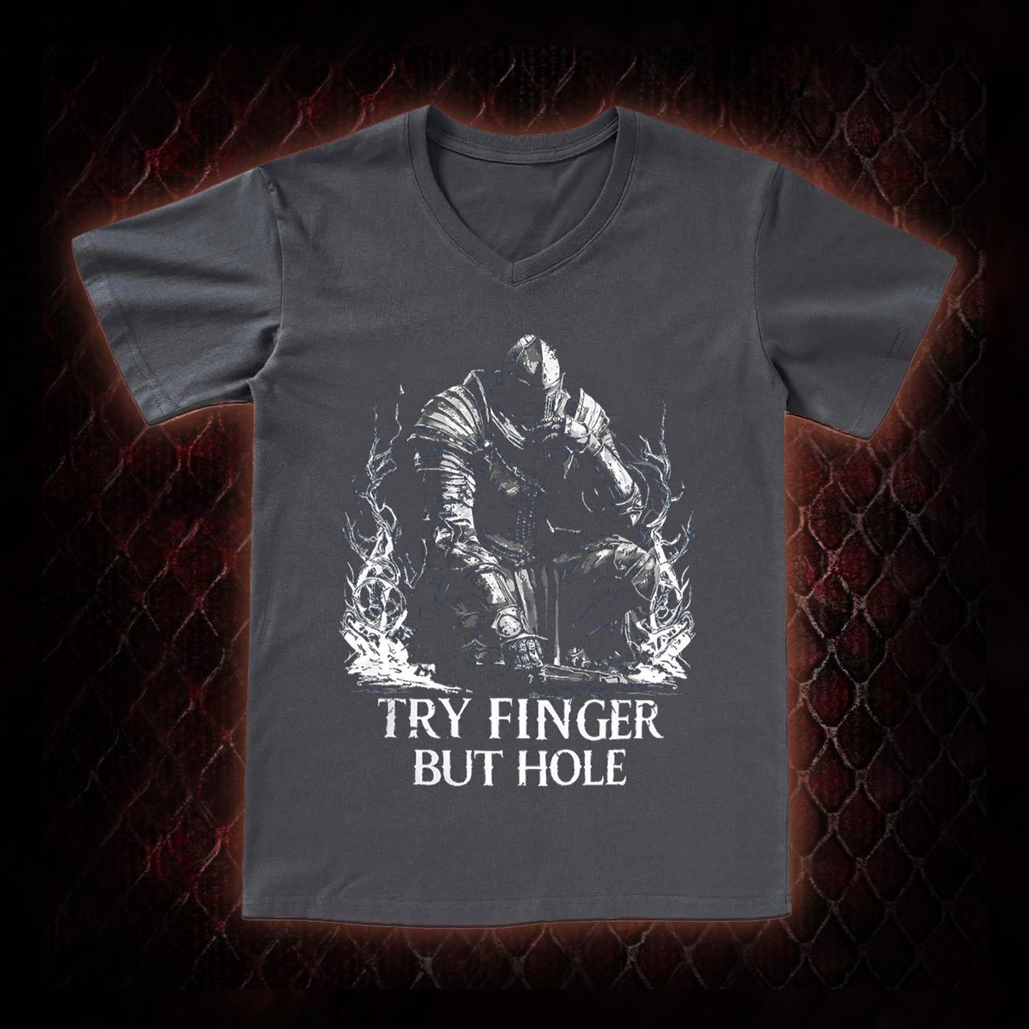 Elden Ring 'Try Finger But Hole' Fia Meme Graphic V-Neck T-Shirt - FromSoftware RPG Fan Humor Piece