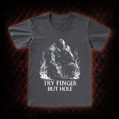 Elden Ring 'Try Finger But Hole' Fia Meme Graphic V-Neck T-Shirt - FromSoftware RPG Fan Humor Piece
