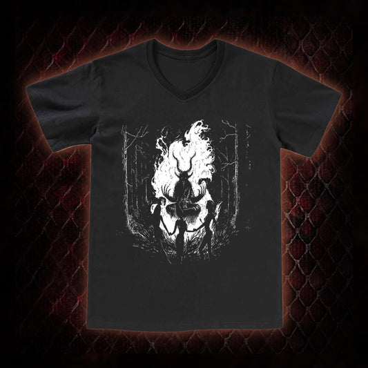 Gothic Forest Ritual Graphic V-Neck T-Shirt - Dark Aesthetic Essential for Casual & Themed Wear
