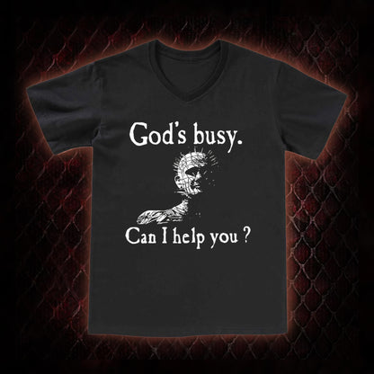 Hellraiser Pinhead 'God's Busy. Can I Help You?' Graphic V-Neck T-Shirt - Cult Horror Dark Humor Statement Piece
