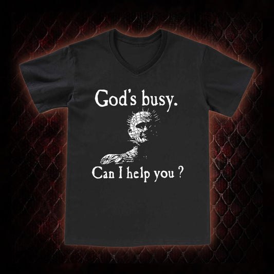 Hellraiser Pinhead 'God's Busy. Can I Help You?' Graphic V-Neck T-Shirt - Cult Horror Dark Humor Statement Piece