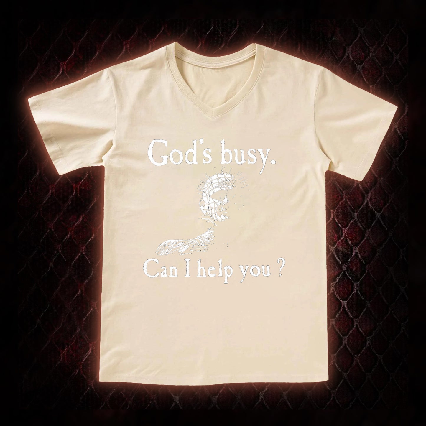 Hellraiser Pinhead 'God's Busy. Can I Help You?' Graphic V-Neck T-Shirt - Cult Horror Dark Humor Statement Piece