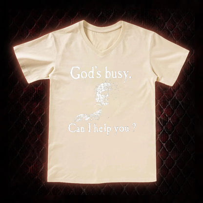 Hellraiser Pinhead 'God's Busy. Can I Help You?' Graphic V-Neck T-Shirt - Cult Horror Dark Humor Statement Piece