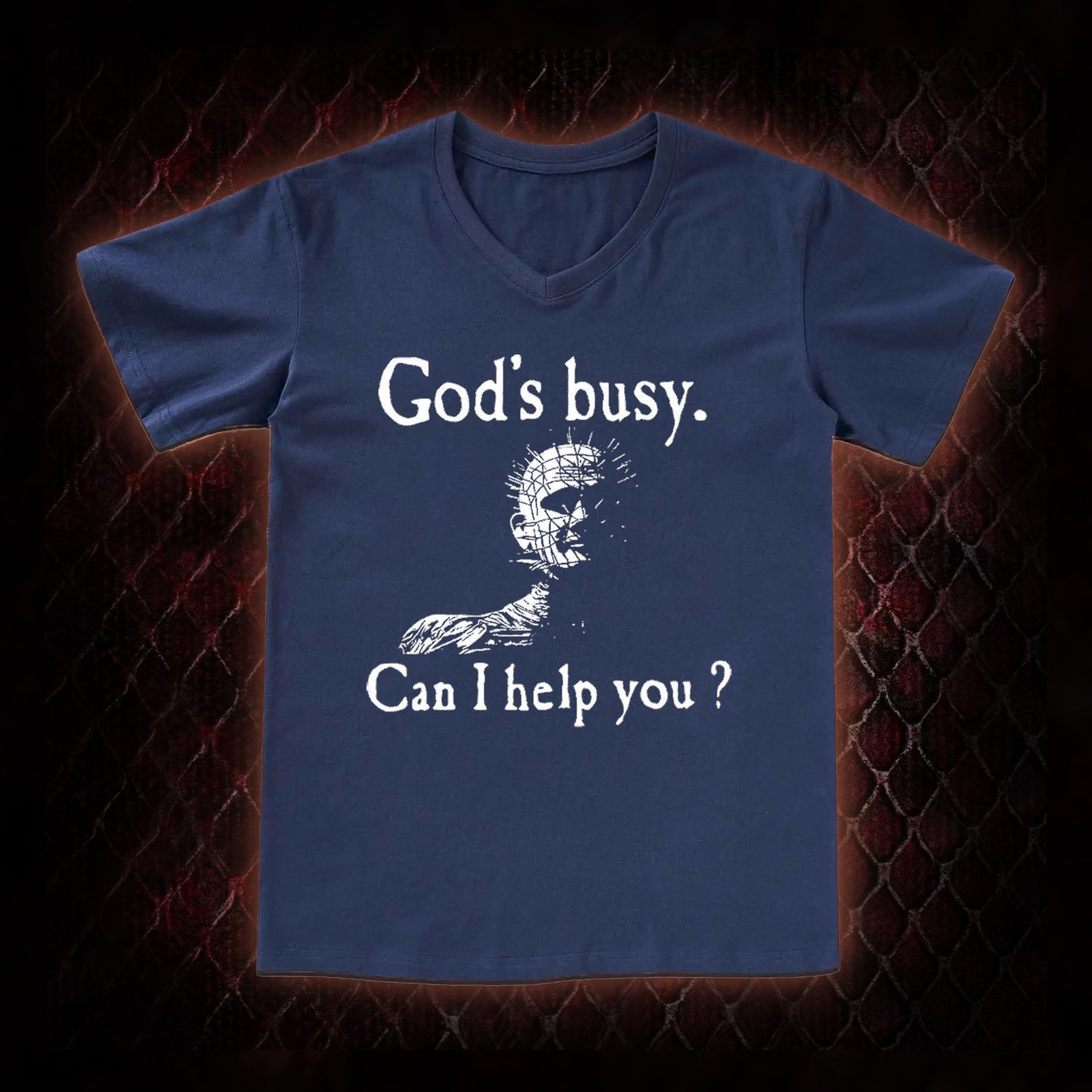Hellraiser Pinhead 'God's Busy. Can I Help You?' Graphic V-Neck T-Shirt - Cult Horror Dark Humor Statement Piece