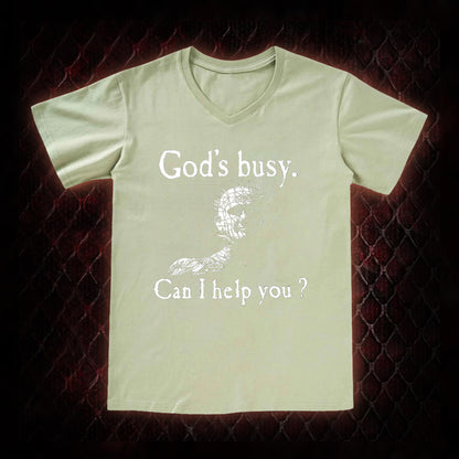 Hellraiser Pinhead 'God's Busy. Can I Help You?' Graphic V-Neck T-Shirt - Cult Horror Dark Humor Statement Piece