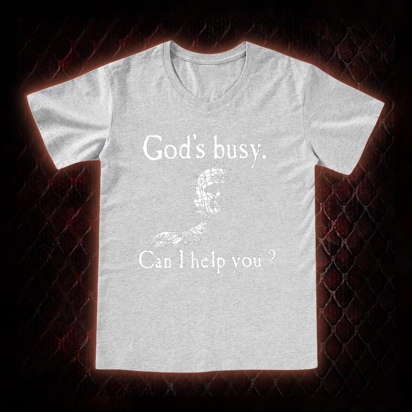 Hellraiser Pinhead 'God's Busy. Can I Help You?' Graphic V-Neck T-Shirt - Cult Horror Dark Humor Statement Piece