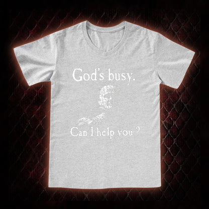 Hellraiser Pinhead 'God's Busy. Can I Help You?' Graphic V-Neck T-Shirt - Cult Horror Dark Humor Statement Piece