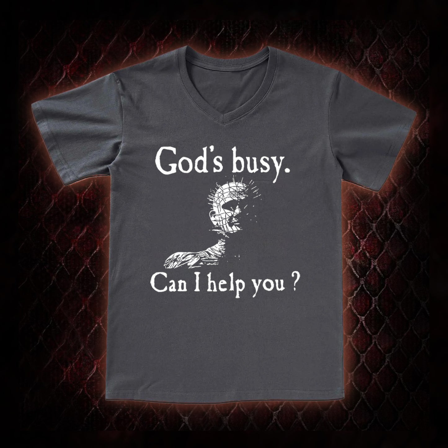 Hellraiser Pinhead 'God's Busy. Can I Help You?' Graphic V-Neck T-Shirt - Cult Horror Dark Humor Statement Piece