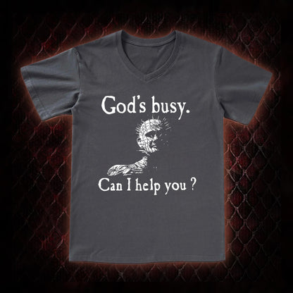 Hellraiser Pinhead 'God's Busy. Can I Help You?' Graphic V-Neck T-Shirt - Cult Horror Dark Humor Statement Piece