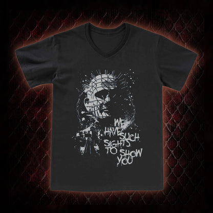Hellraiser Pinhead 'We Have Such Sights To Show You' Graphic V-Neck T-Shirt - Cult Horror Icon Tribute Piece