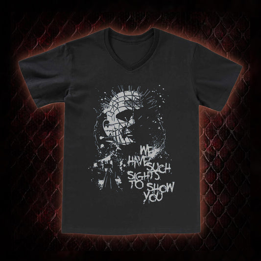 Hellraiser Pinhead 'We Have Such Sights To Show You' Graphic V-Neck T-Shirt - Cult Horror Icon Tribute Piece