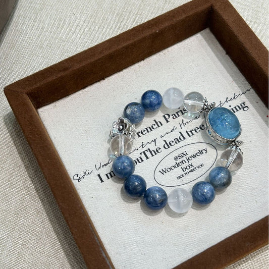 Natural Ocean Blue Crystal & White Quartz Beaded Bracelet with White Phantom Crystals – Large Bead Design for Women