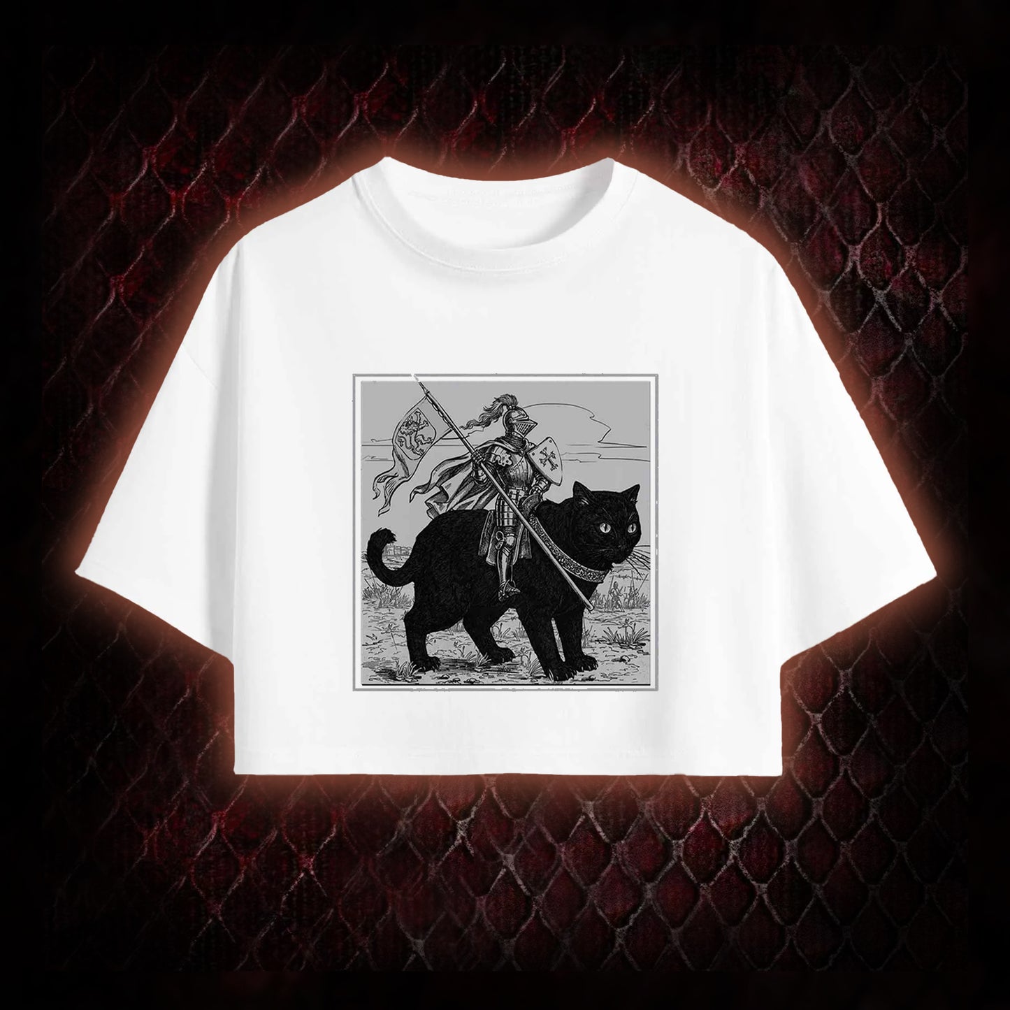 Vintage Knight & Giant Black Cat Medieval Fantasy Graphic Cropped T-shirt  - Whimsical Retro Aesthetic Statement Piece