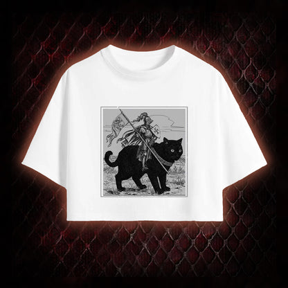 Vintage Knight & Giant Black Cat Medieval Fantasy Graphic Cropped T-shirt  - Whimsical Retro Aesthetic Statement Piece