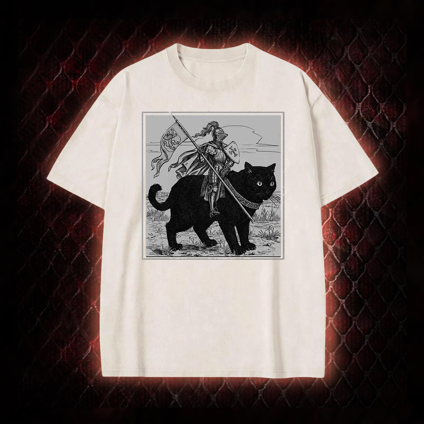 Vintage Knight & Giant Black Cat Medieval Fantasy Graphic Vintage-T-Shirt - Whimsical Retro Aesthetic Statement Piece