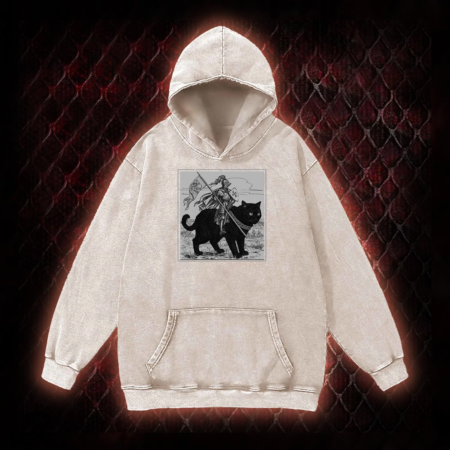 Vintage Knight & Giant Black Cat Medieval Fantasy Graphic Vintage-Hoodie - Whimsical Retro Aesthetic Statement Piece