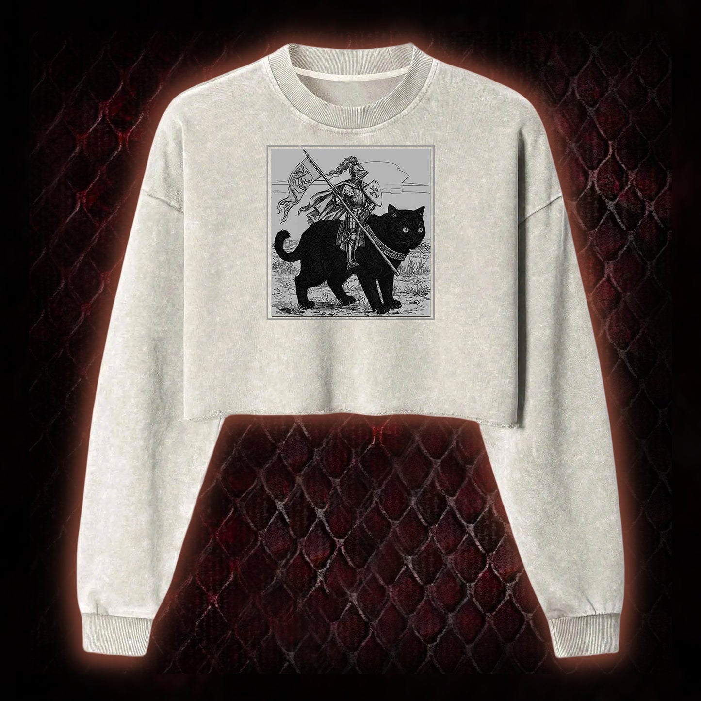Vintage Knight & Giant Black Cat Medieval Fantasy Graphic Cropped Long-Sleeved  - Whimsical Retro Aesthetic Statement Piece